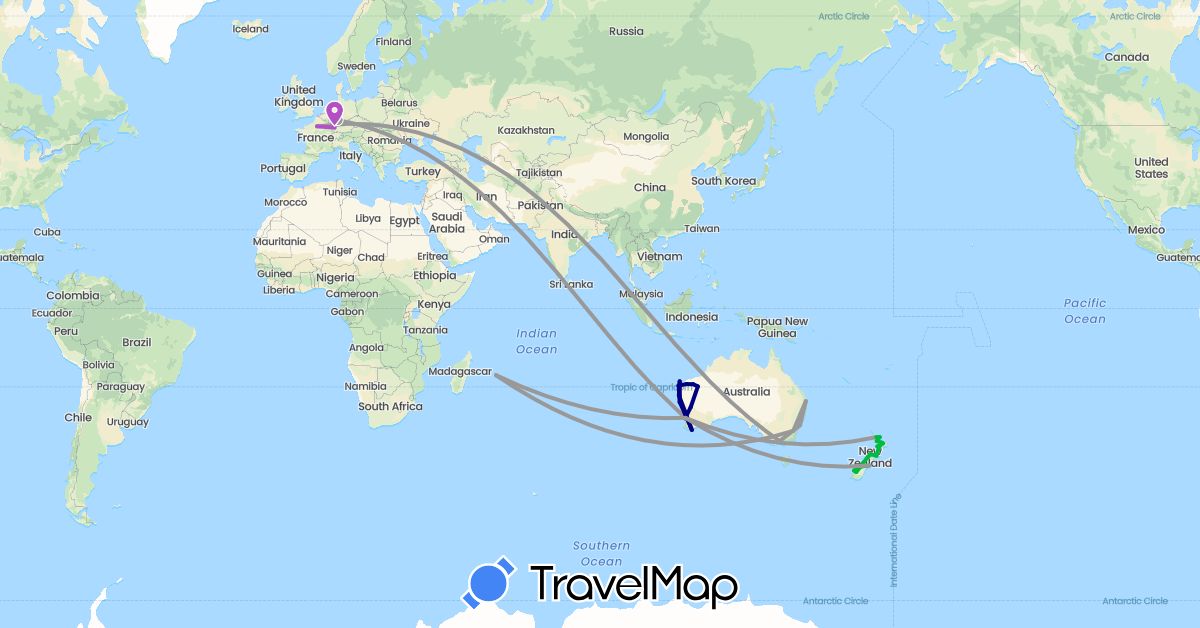 TravelMap itinerary: driving, bus, plane, train in Australia, Germany, France, Mauritius, New Zealand (Africa, Europe, Oceania)